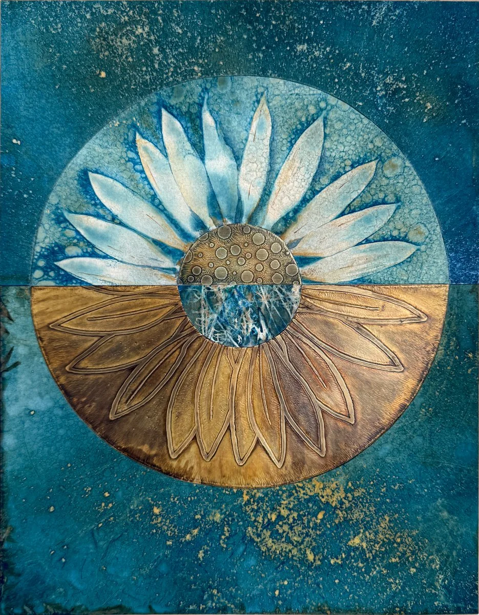 Gathering the Sun
7"x9" cyanotype collage with custom etched brass $170 (SOLD)