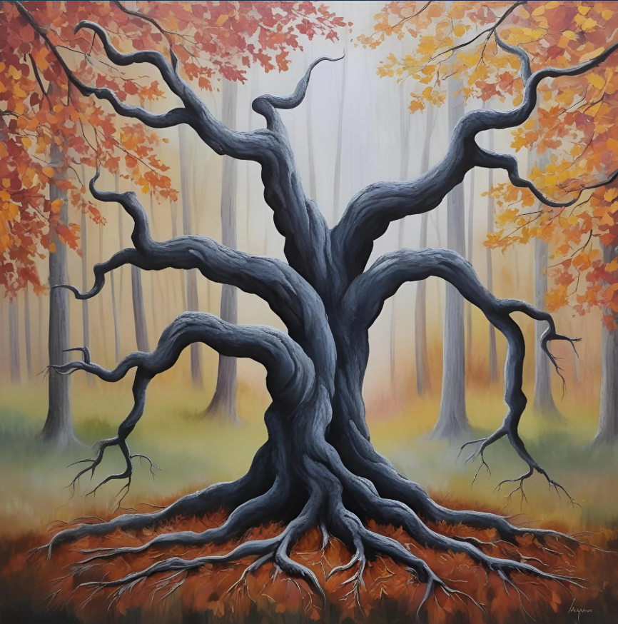 a drawing of a gnarly tree with five distinct branches showing the different types of co-dependency