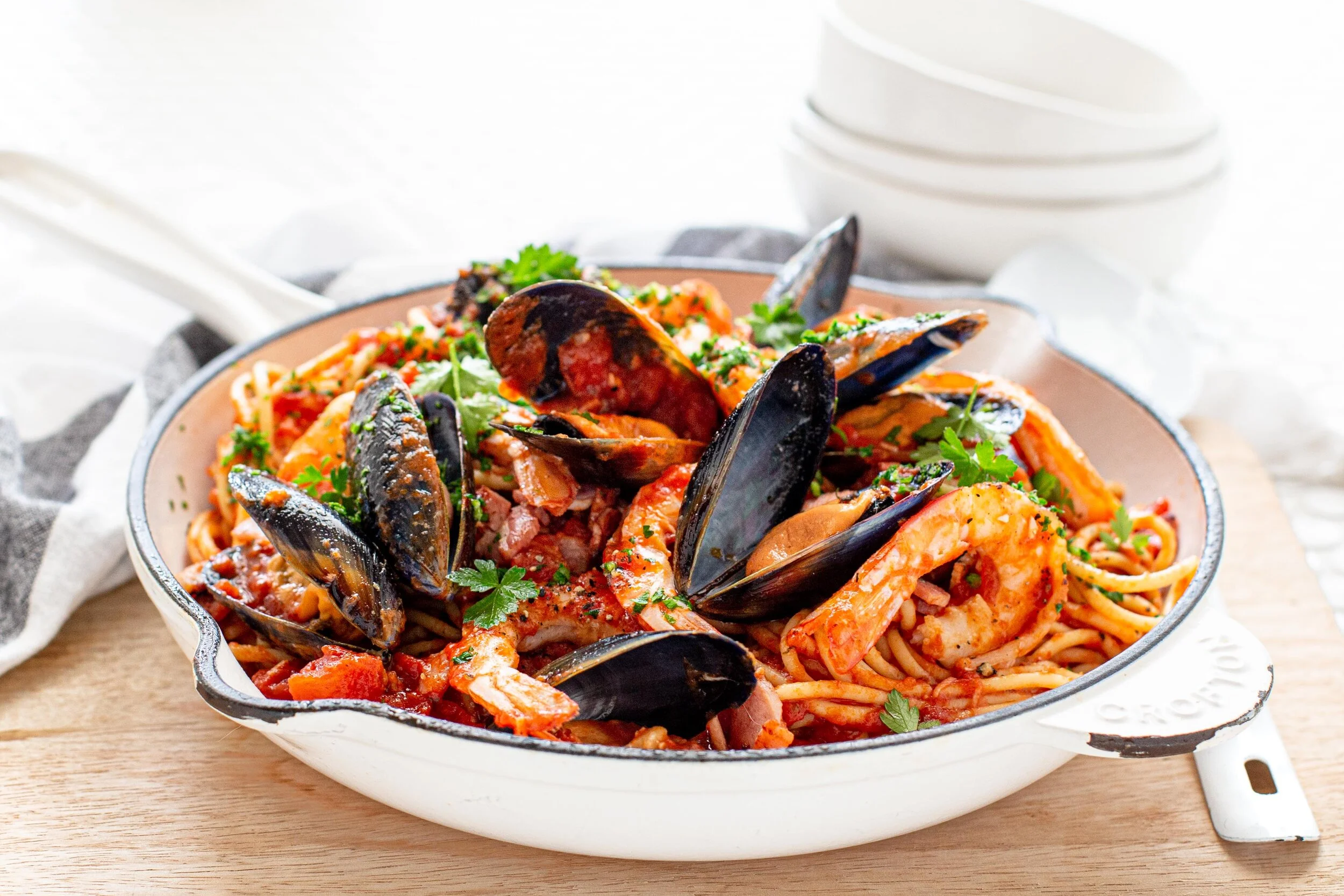 South Australian Mussel, Prawn, Tomato & Bacon Spaghetti — Angelakis Bros
