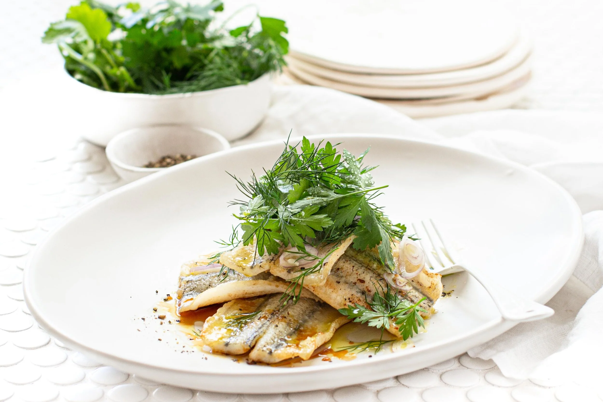 Panfried Garfish with Herb Salad & Sticky Fig Syrup — Angelakis Bros