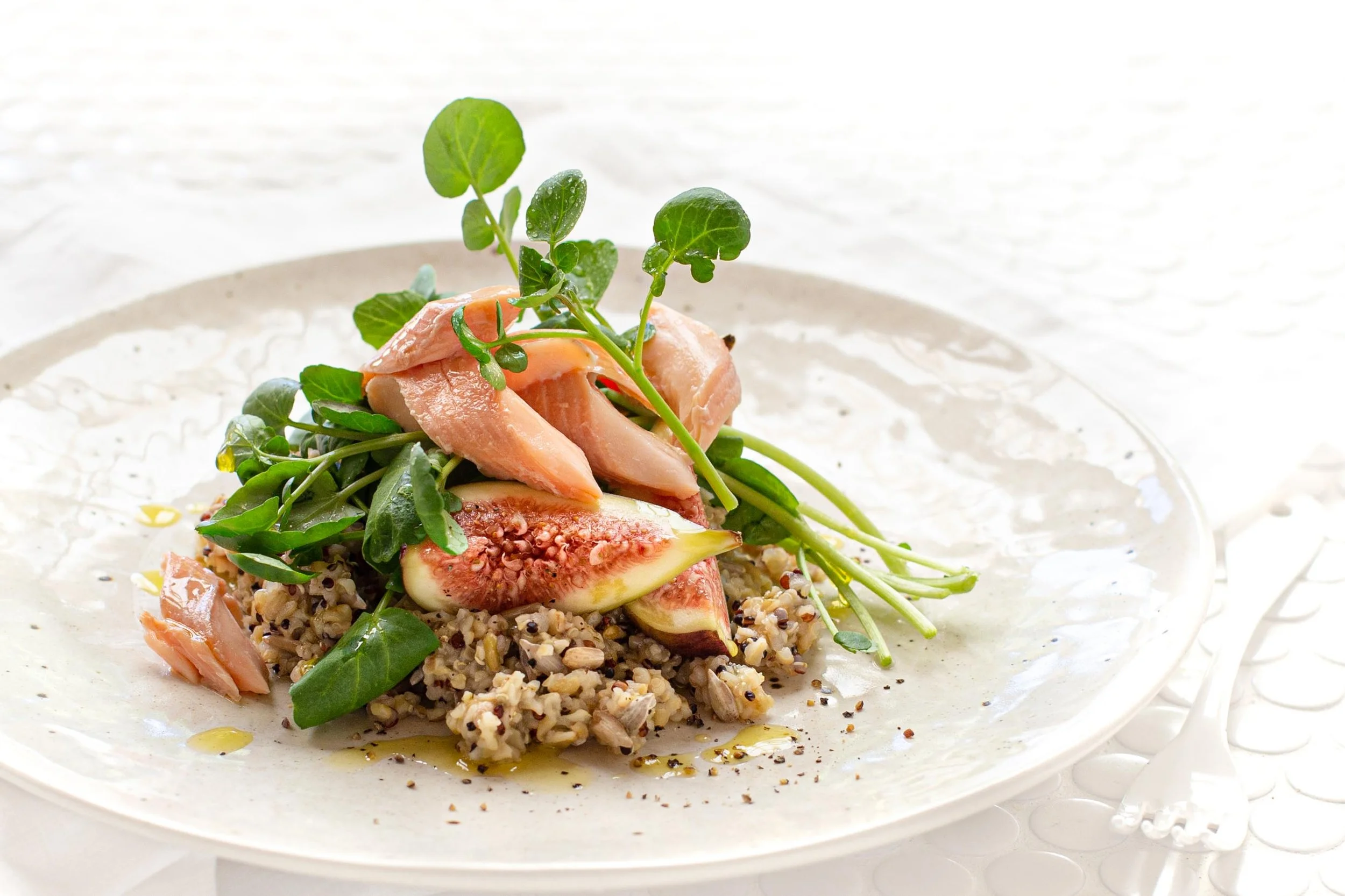 Smoked Rainbow Trout with Quinoa, Freekeh & Fig Salad — Angelakis Bros