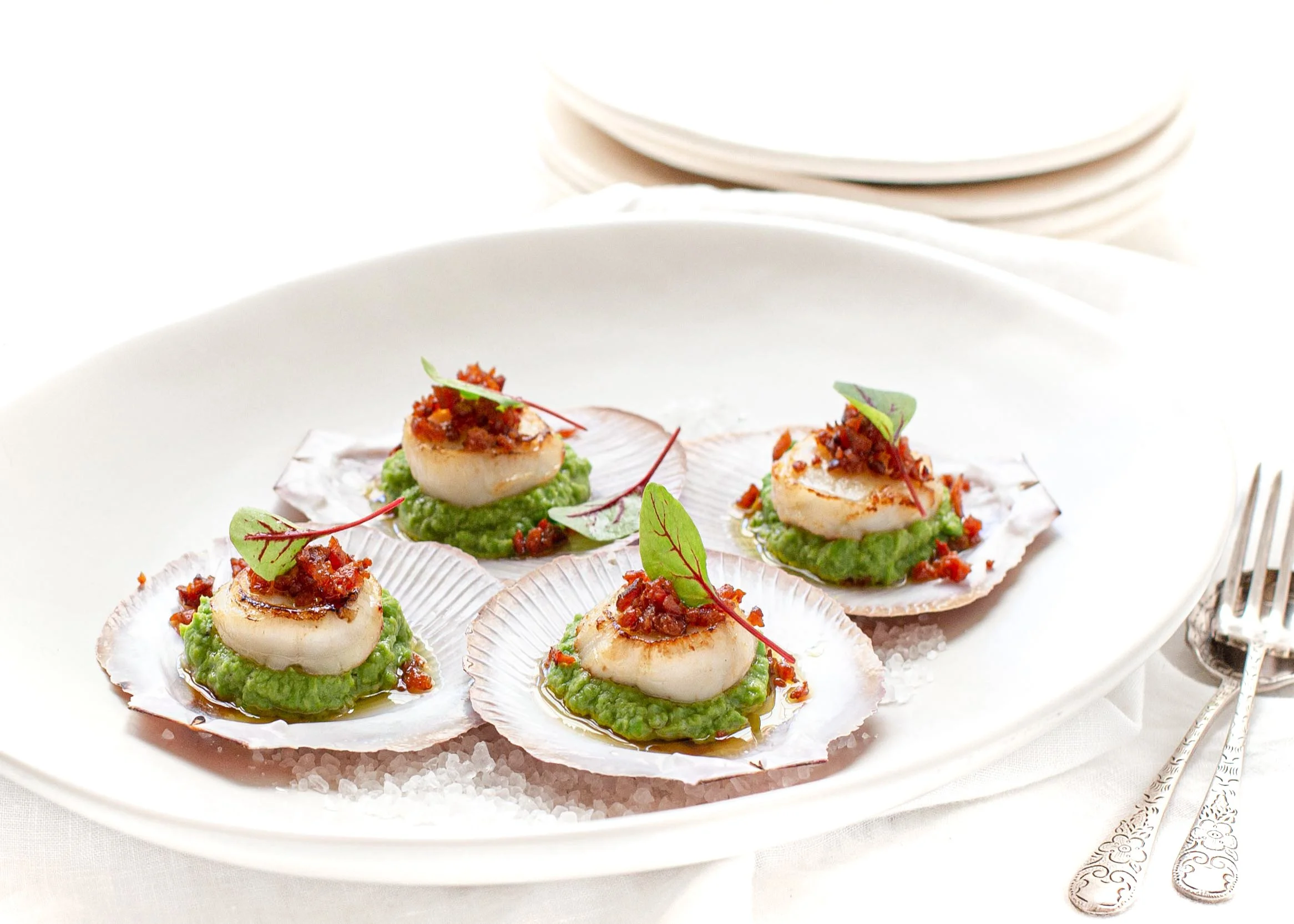 Hervey Bay Scallops with Pea Puree & Chorizo — Angelakis Bros