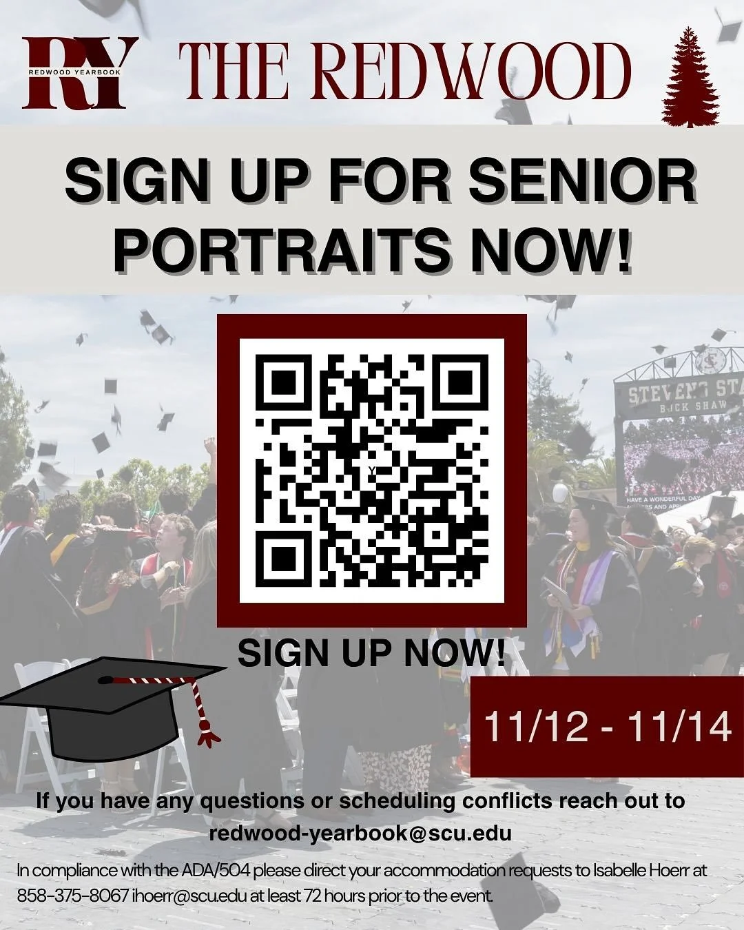 Hey Seniors!
Portrait sign-ups are now open! 
Sessions are Nov 12&ndash;14, and spots fill fast &mdash; book yours before they&rsquo;re gone.
Tap the link below or scan the QR to sign up. 📸✨🎓

https://booking.ultimateexposures.com/

#redwood #scure