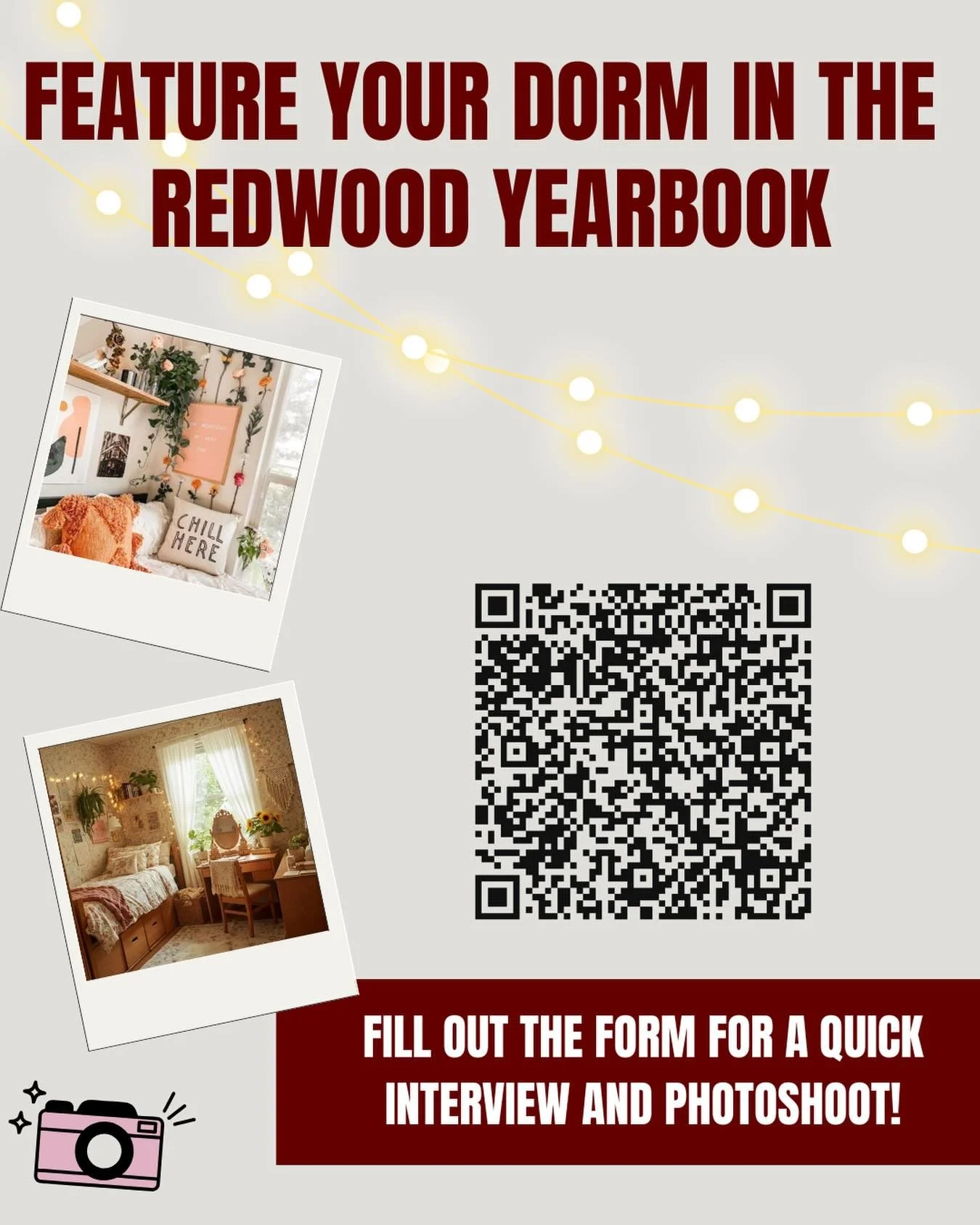 Interested in featuring your dorm in the yearbook? 📷
Click this link to fill out a quick google form! 
https://docs.google.com/forms/d/e/1FAIpQLScPdbQGxClwplldcK5FfIQpg7TLAH2P0XsLVSQEpeM1Igk0mQ/viewform?usp=header