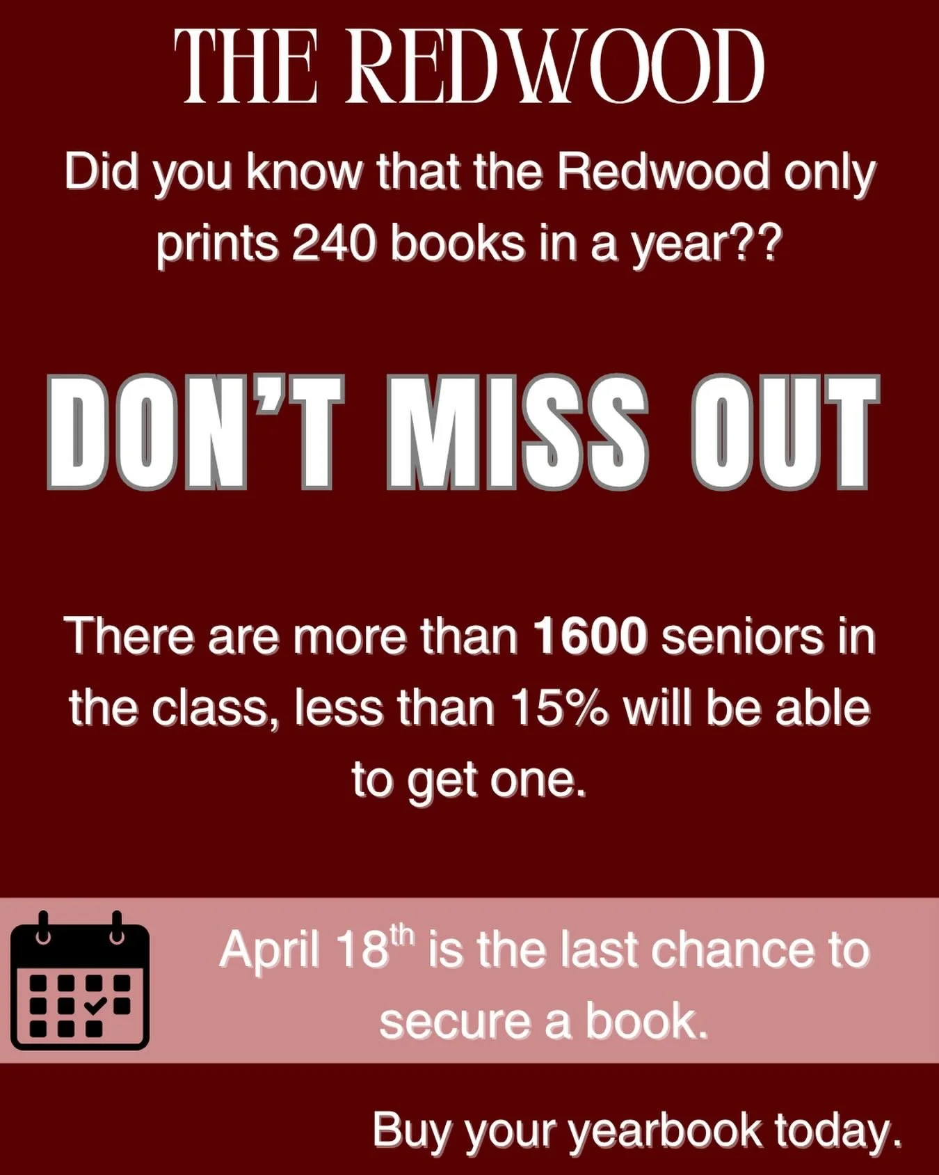 Don&rsquo;t miss out, buy your yearbook today! 

#redwood #scu #yearbook #santaclarauniversity #theredwood