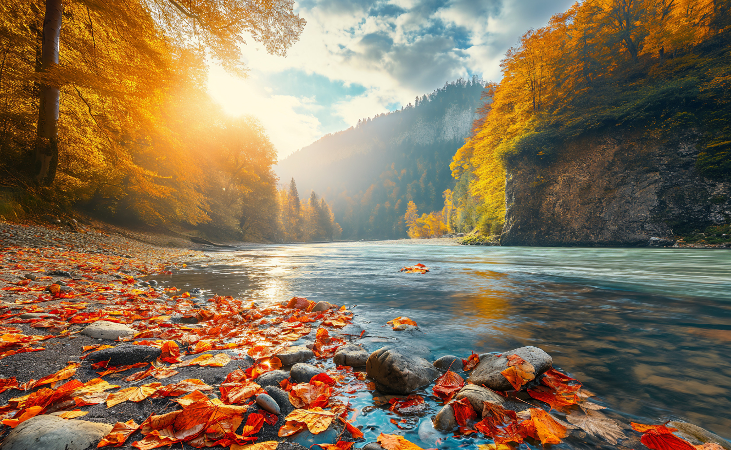 Golden autumn leaves line a peaceful riverbank at sunrise with mountains rising in the distance.