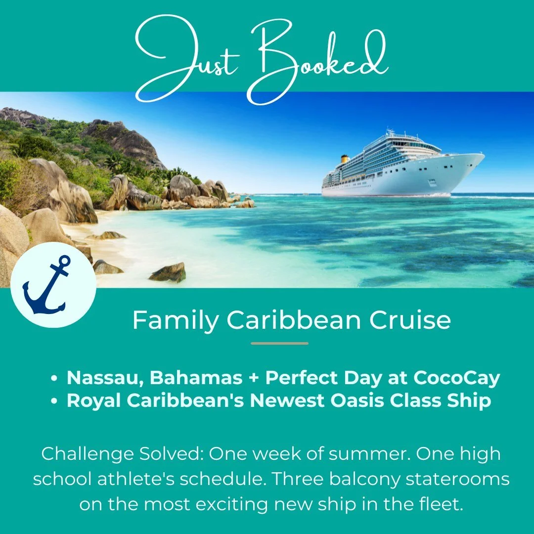 One week of summer. A high school athlete's schedule. And an anniversary worth celebrating.⁣
⁣
This family is making it all work on Utopia of the Seas, with three balcony staterooms, a full day at Perfect Day at CocoCay, and the kind of trip that bri