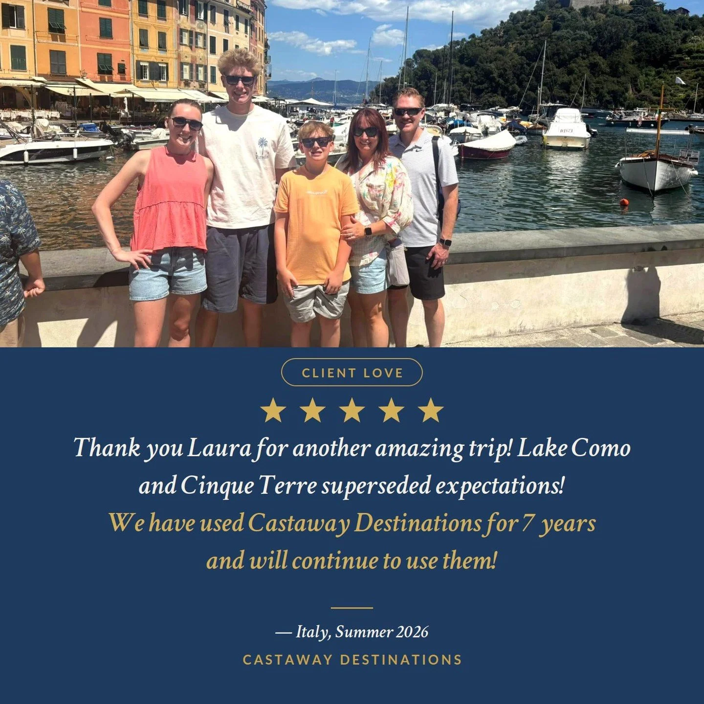 Seven years.⁣
⁣
That's how long this wonderful family has trusted me with their vacations, and this summer they explored beautiful Lake Como and Cinque Terre together.⁣
⁣
Relationships like this are the heart of why I love what I do. Watching familie