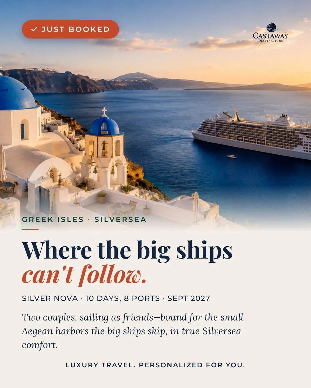Just booked &mdash; and we're a little jealous of this one. ✨⁣
⁣
Two of our favorite repeat clients (two couples, sailing as friends) are Greece-bound next September aboard Silversea's Silver Nova &mdash; 10 days, 8 ports, round-trip from Athens.⁣
⁣
