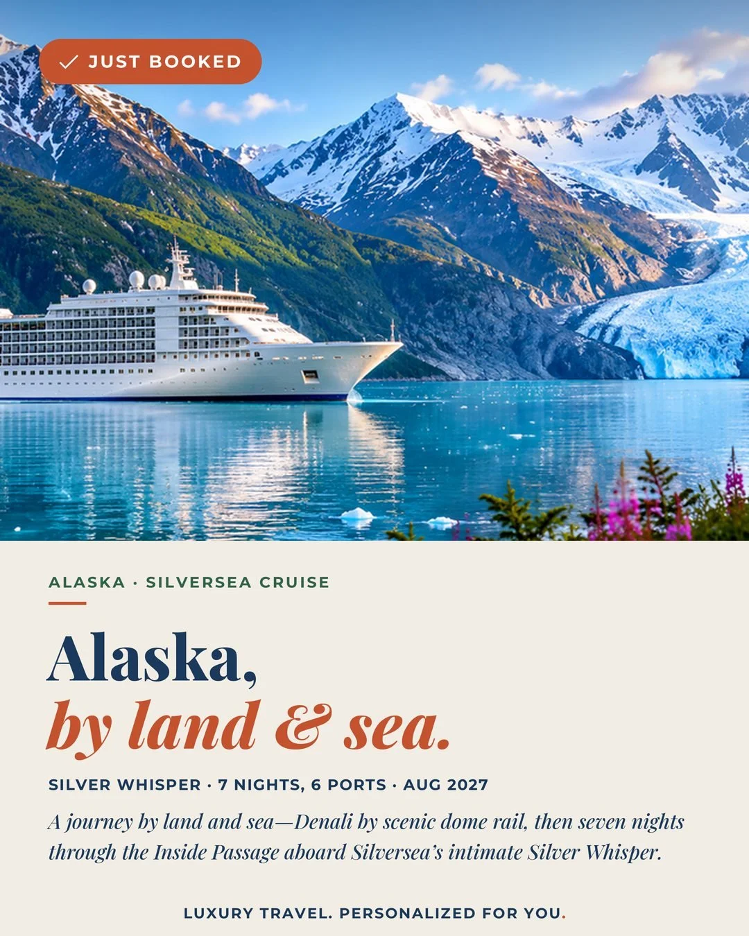 Alaska, by land &amp; sea. 🏔⚓⁣
⁣
Just booked: seven nights sailing the Inside Passage aboard the intimate Silver Whisper &mdash; paired with scenic dome-car rail through Denali and Alaska's untamed interior.⁣
⁣
Glaciers. Fjords. Butler service. Alas
