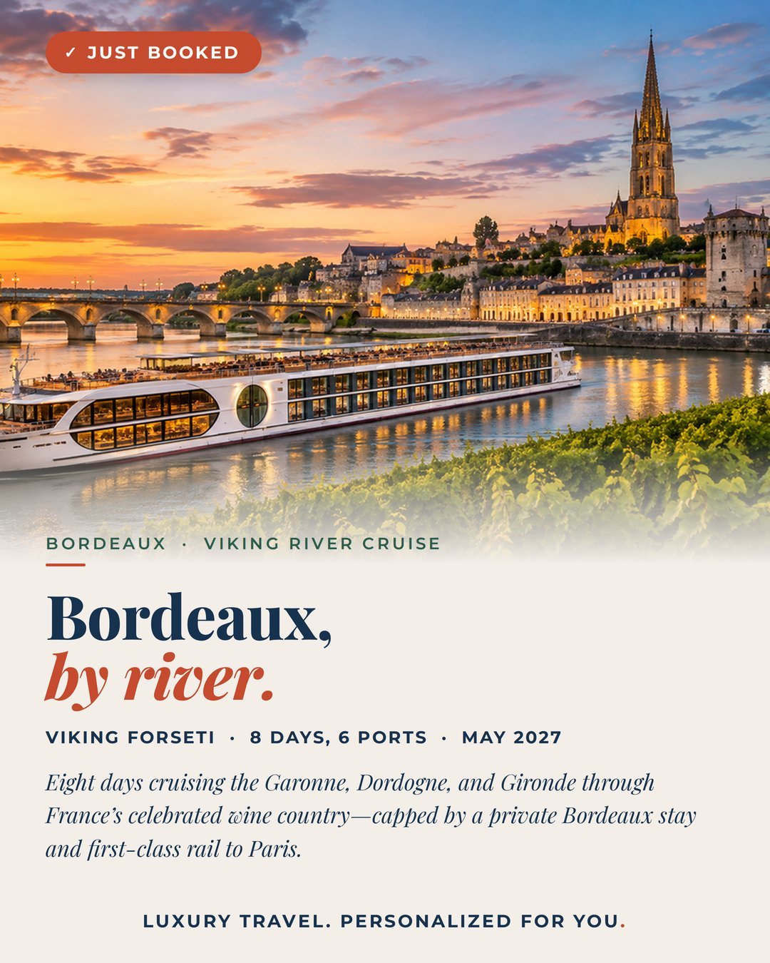 Bordeaux, by river.⁣
⁣
For a client who's already sailed the Rhine and the Rh&ocirc;ne, the next chapter had to earn its place. A dedicated wine lover deserved the source: eight days aboard the Viking Forseti through the Garonne, Dordogne, and Girond