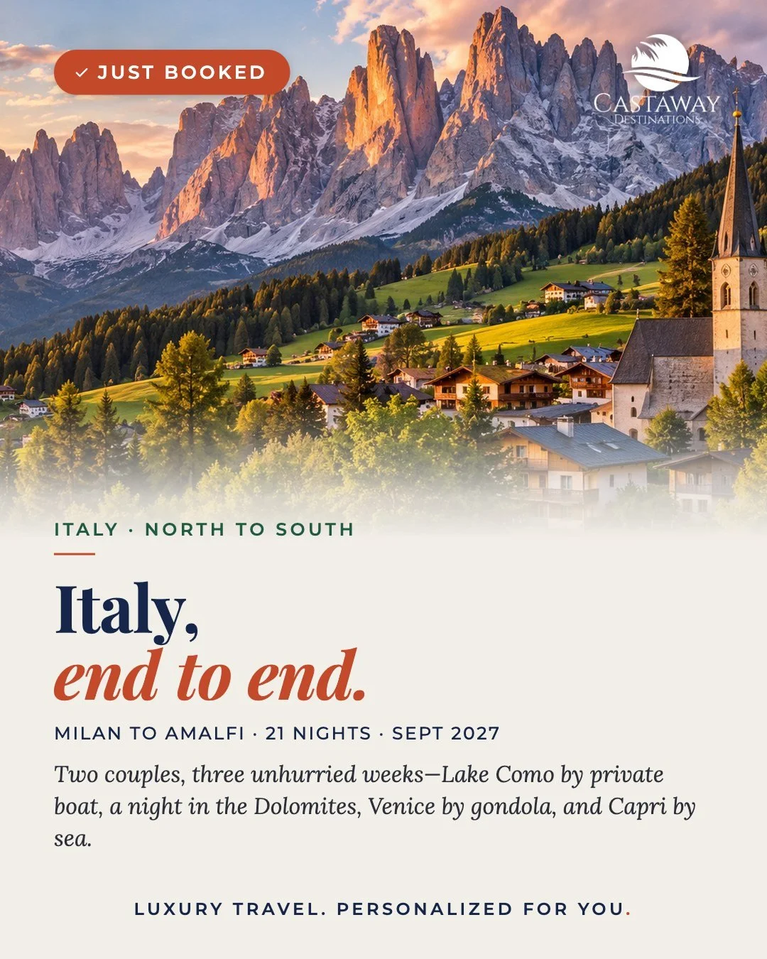 Some trips are worth taking slowly. This one starts in Milan and ends on the Amalfi Coast, with Lake Como, the Dolomites, Venice, Florence, Rome, and Capri in between. ⁣
⁣
Twenty-one nights, two couples, zero rushing. Just booked for September 2027.