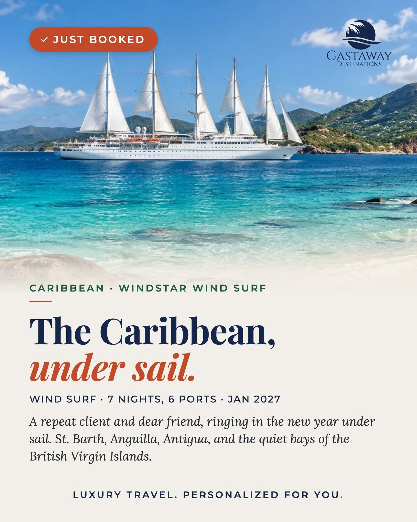 Just booked: a repeat client and dear friend, starting 2027 under sail!⁣
⁣
A week aboard Windstar&rsquo;s Wind Surf, roundtrip from St. Maarten, with stops in Antigua, Anguilla, St. Barth, and the British Virgin Islands. Turquoise water, late nights 