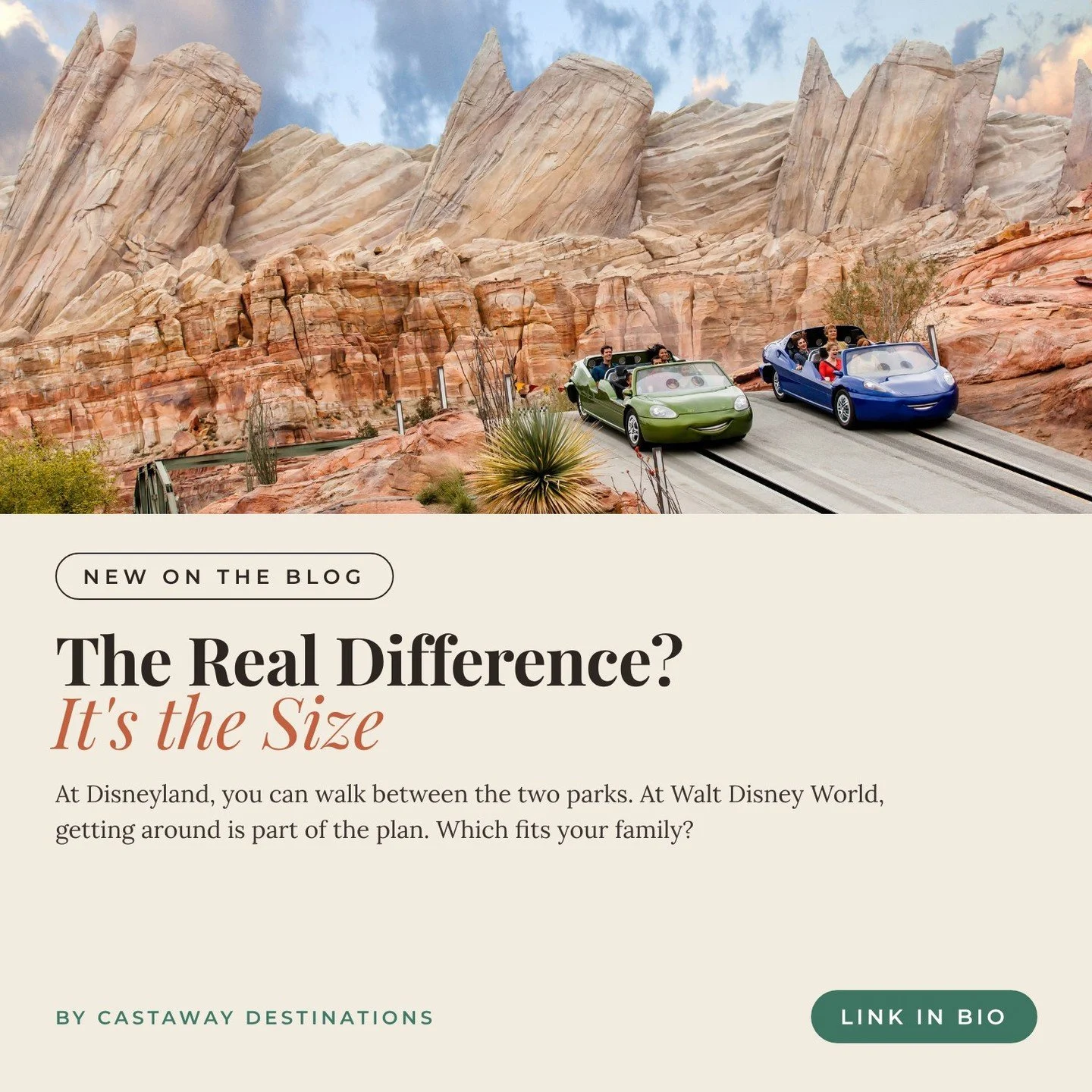 Did you know Disneyland and Walt Disney World are dramatically different in size? 🎢⁣
⁣
Disneyland has two theme parks within walking distance of each other, while Walt Disney World has four theme parks spread across a much larger resort.⁣
⁣
That dif