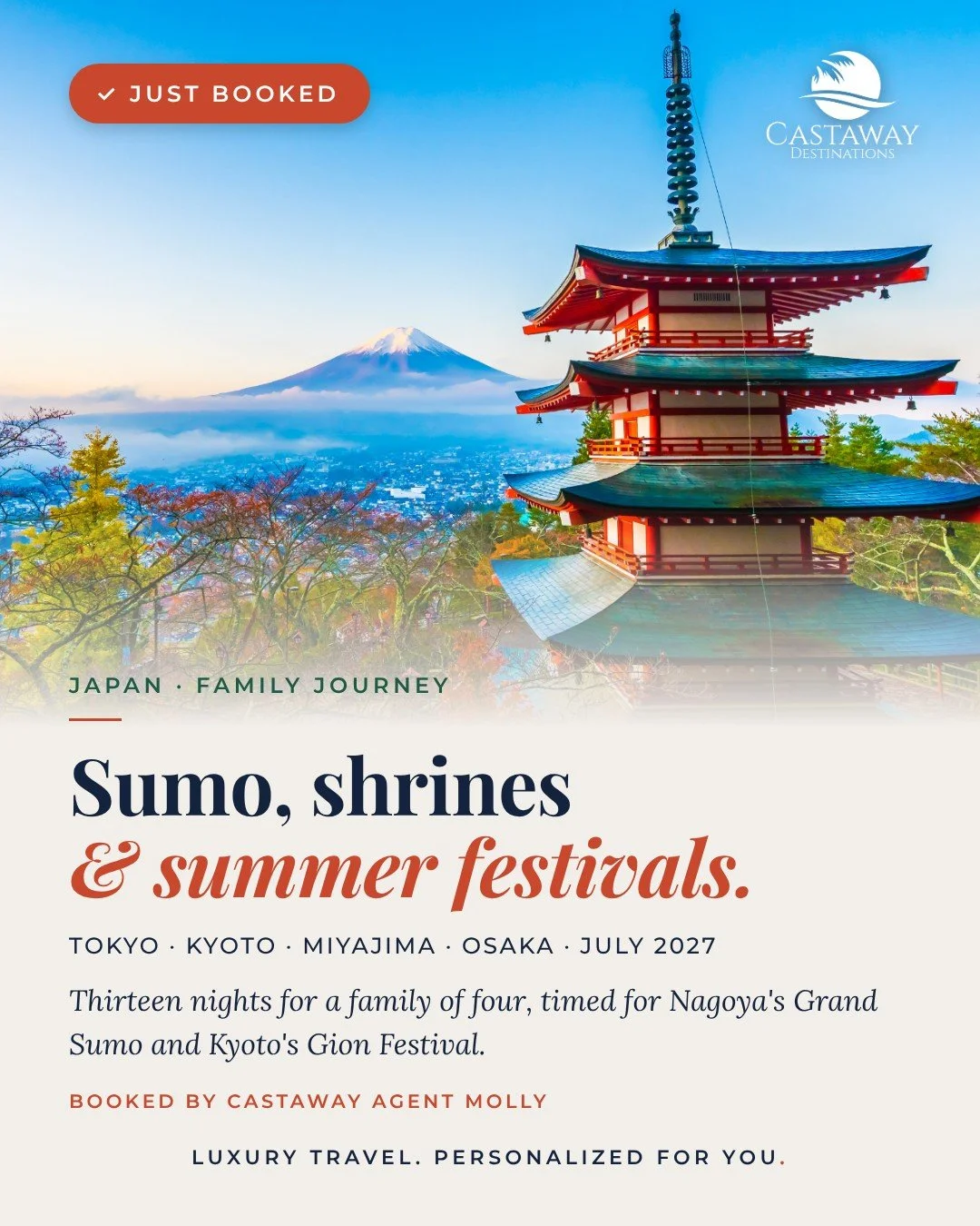 Some trips are planned around a place. This one was planned around a calendar. Castaway Agent Molly built 13 nights in Japan for a family of four, timed so they can catch the July Grand Sumo Tournament in Nagoya and the Gion Festival in Kyoto.⁣
⁣
Alo