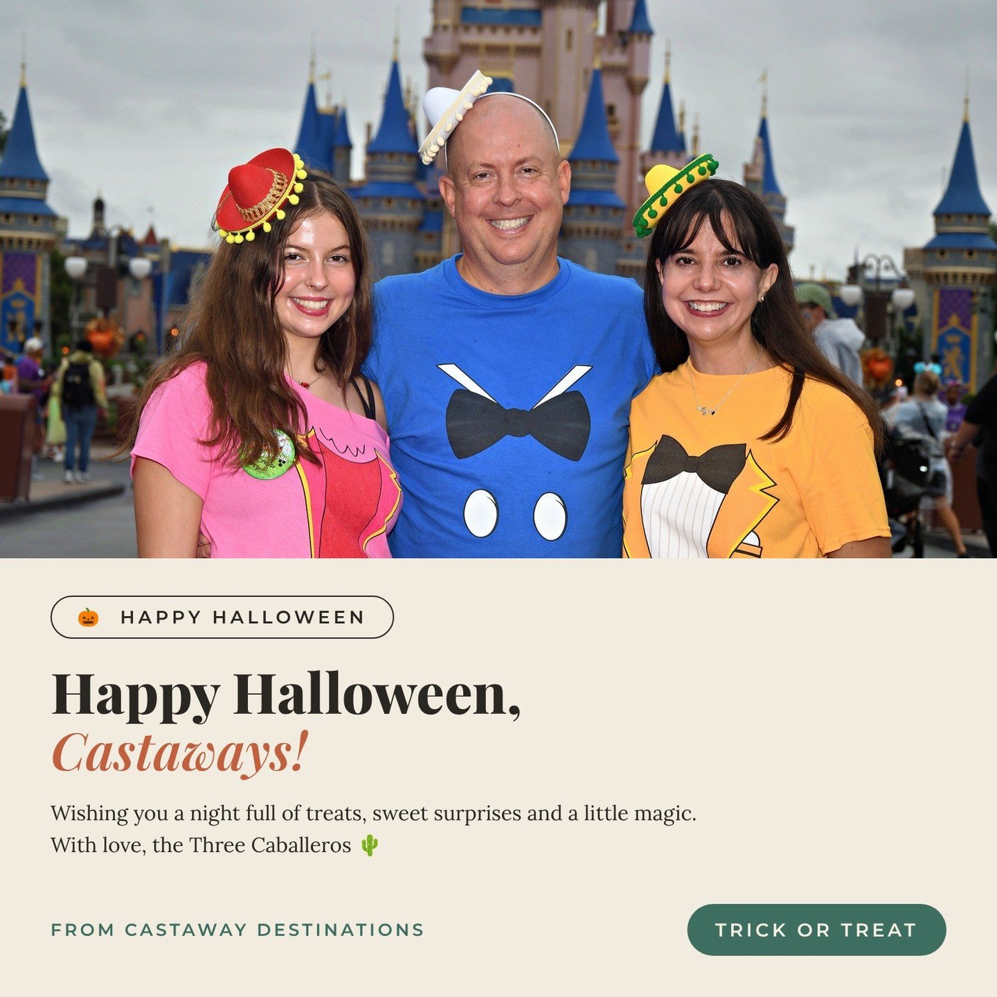 Happy Halloween, Castaways! 🎃 Here&rsquo;s a look back at the Three Caballeros at last year&rsquo;s Halloween party at the castle. What&rsquo;s your costume this year?