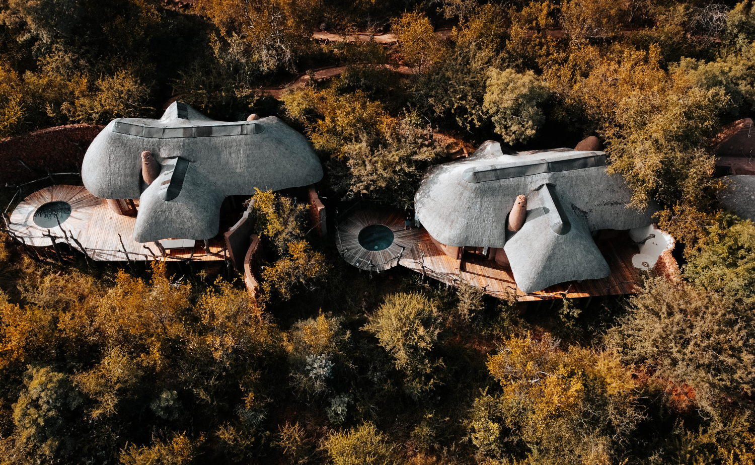 Aerial view of a luxury safari lodge surrounded by the African bush in Madikwe, South Africa.