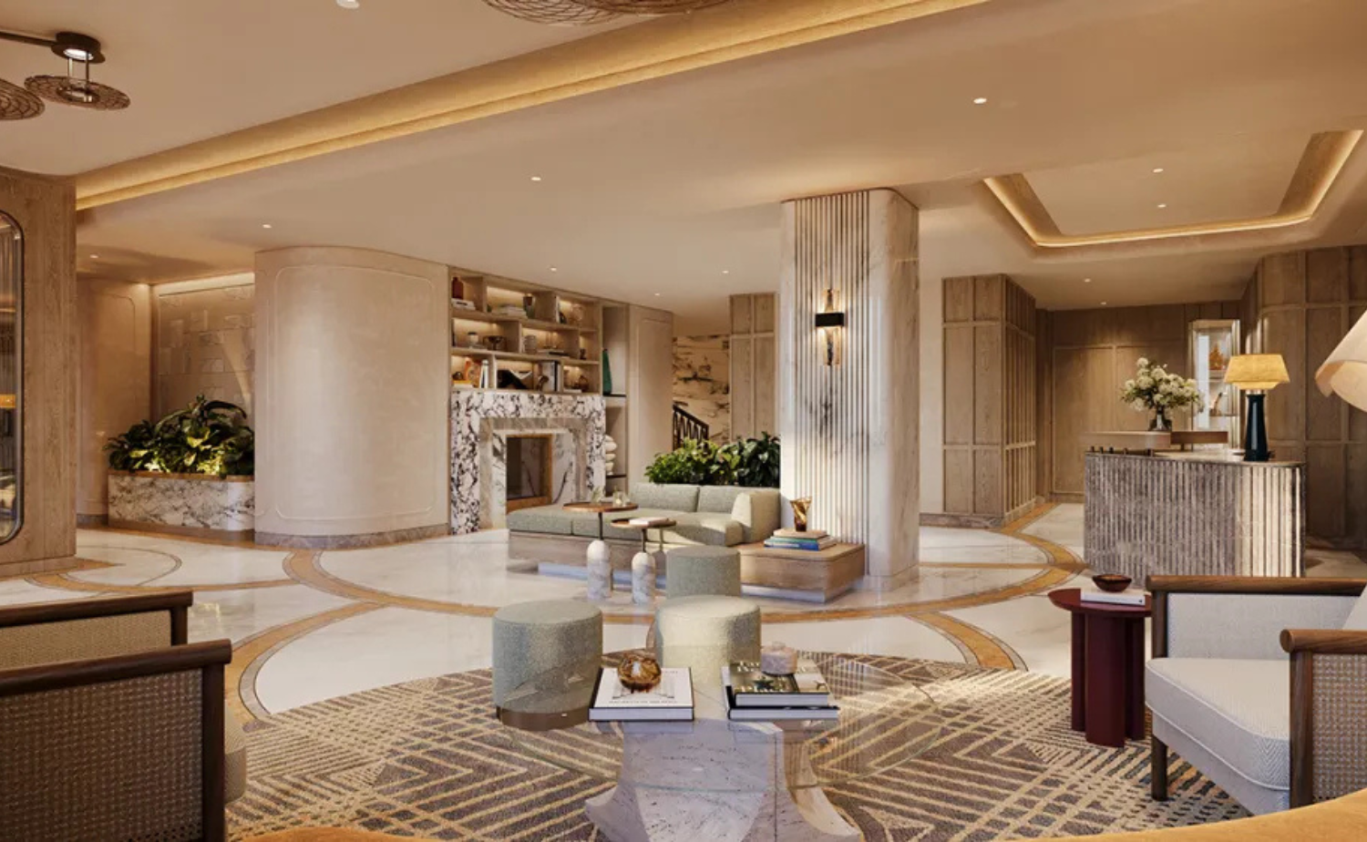 Elegant interior lobby at Six Senses Milan featuring warm neutral tones, marble details, and sophisticated modern Italian design in the heart of Milan.