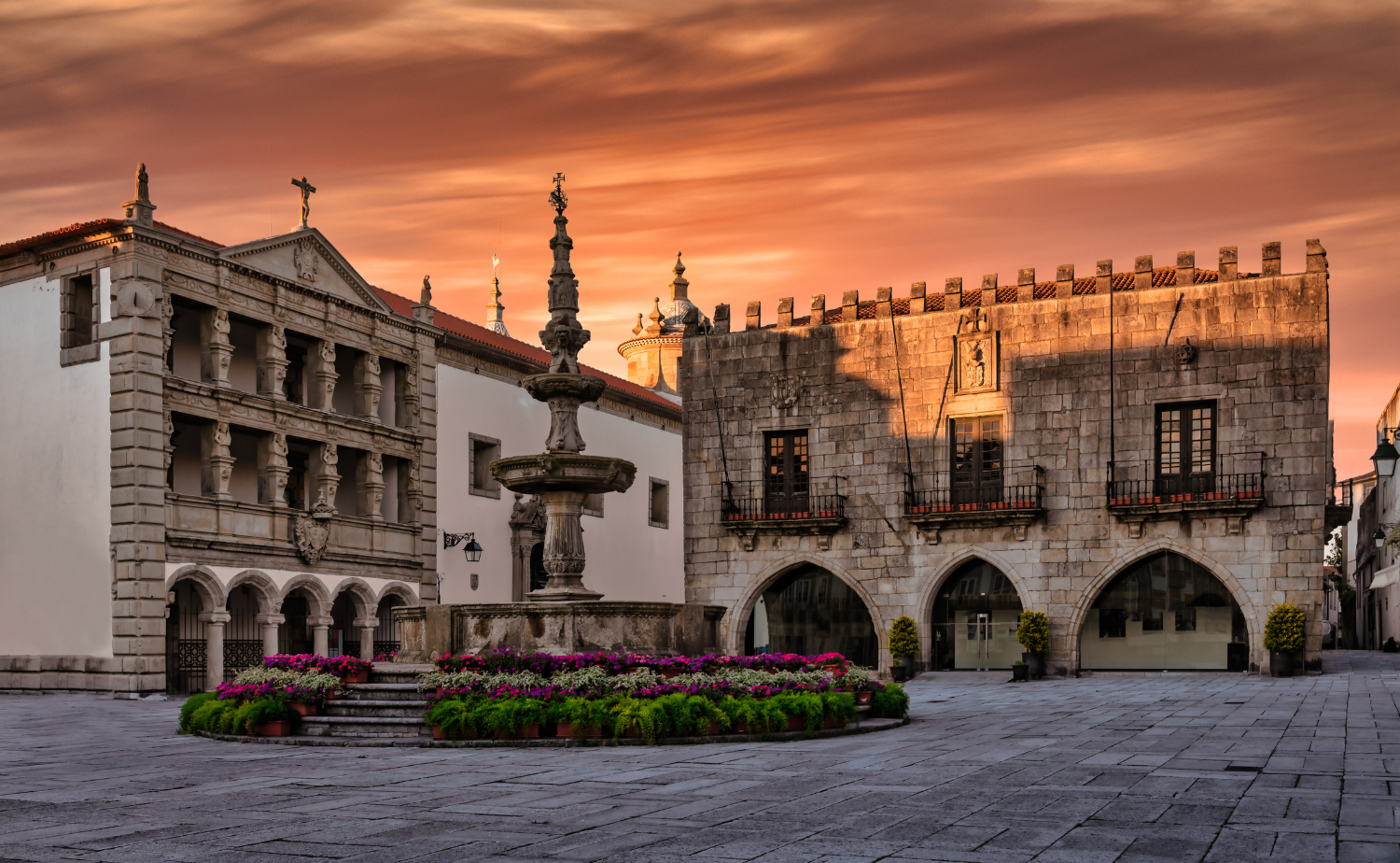 Historic square and traditional Portuguese architecture in Viana do Castelo, a charming coastal town in northern Portugal.