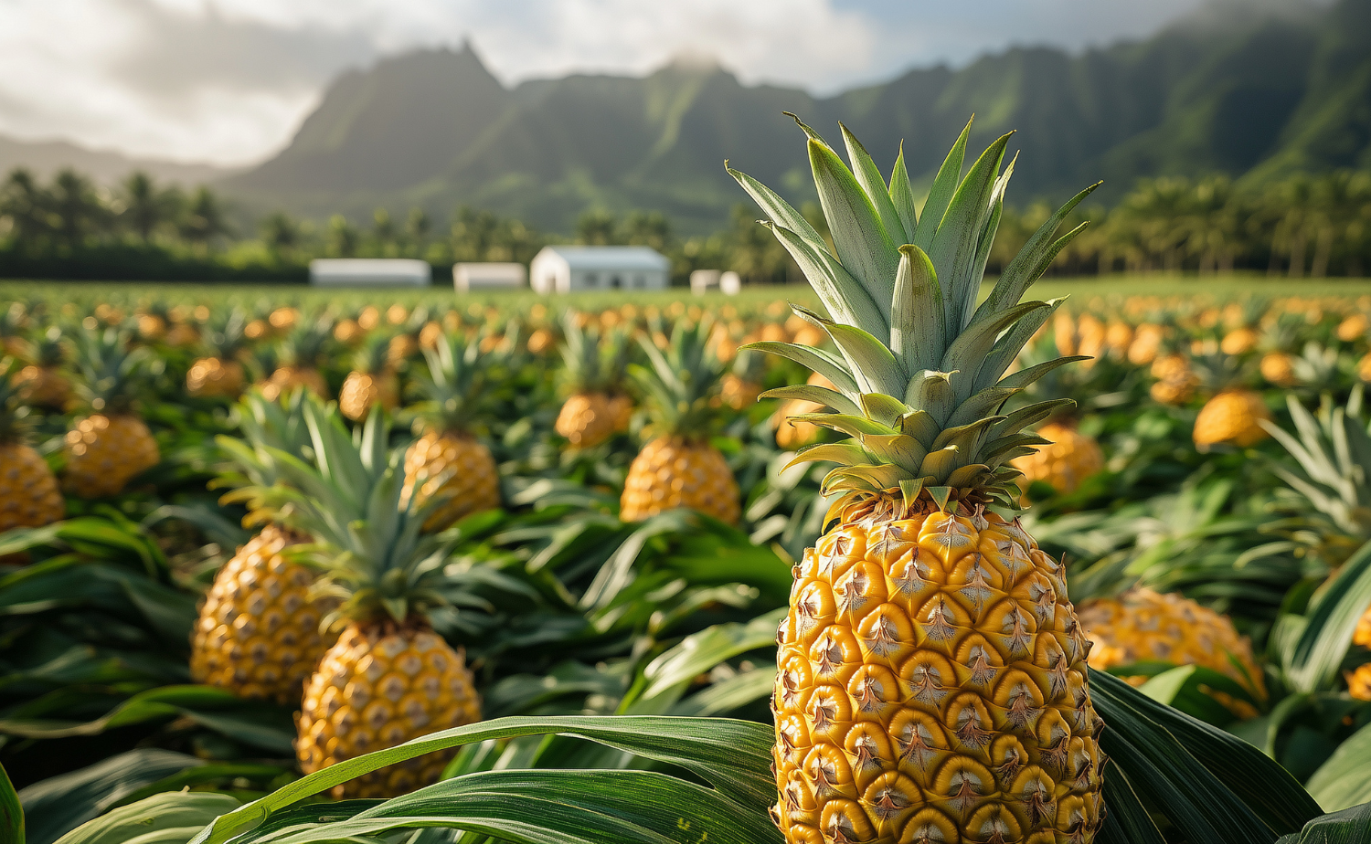 A pineapple field in Hawaii with lush green mountains rising in the background.