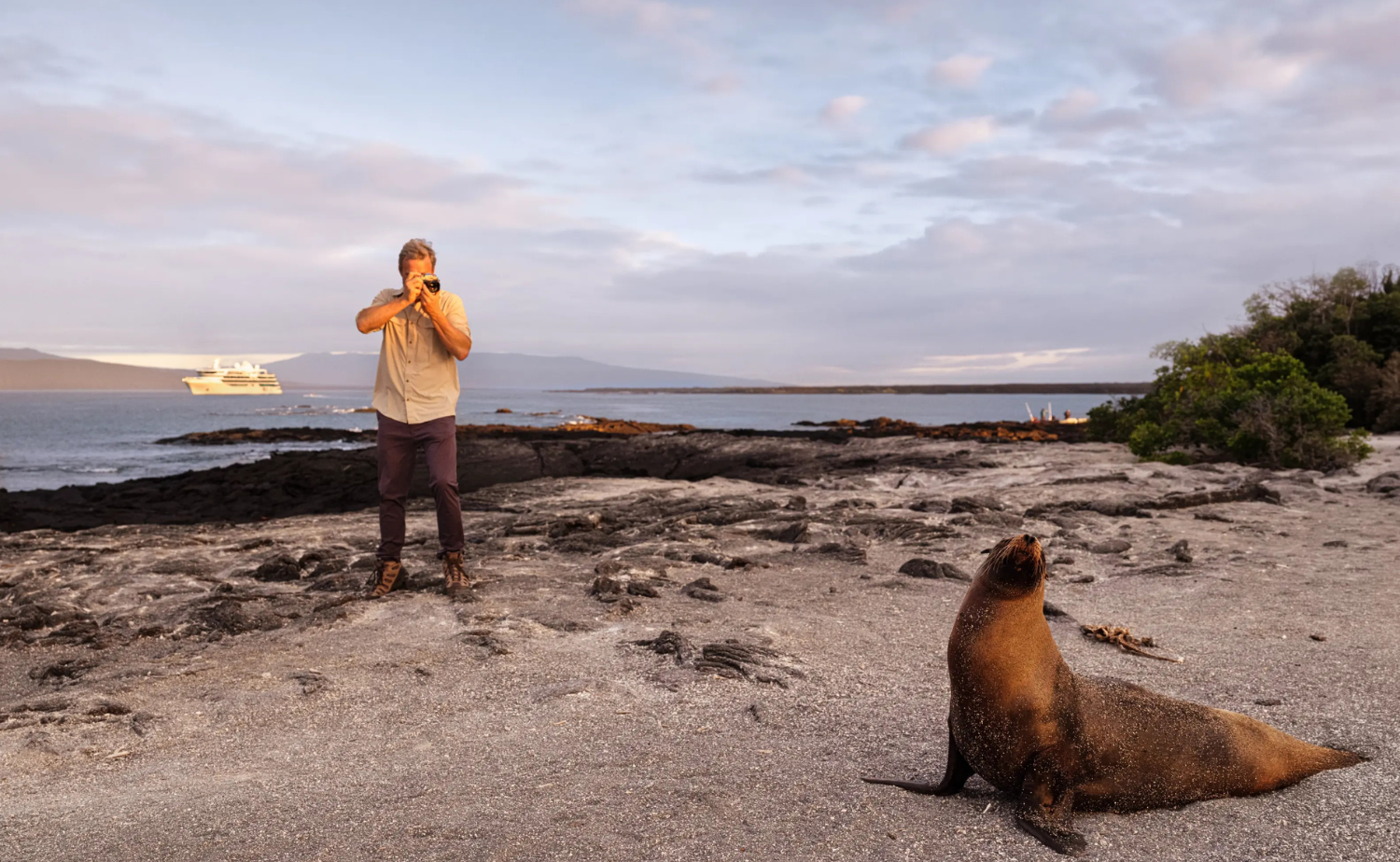 Traveler photographing a Galápagos sea lion on a rocky shoreline with a small expedition ship offshore.
