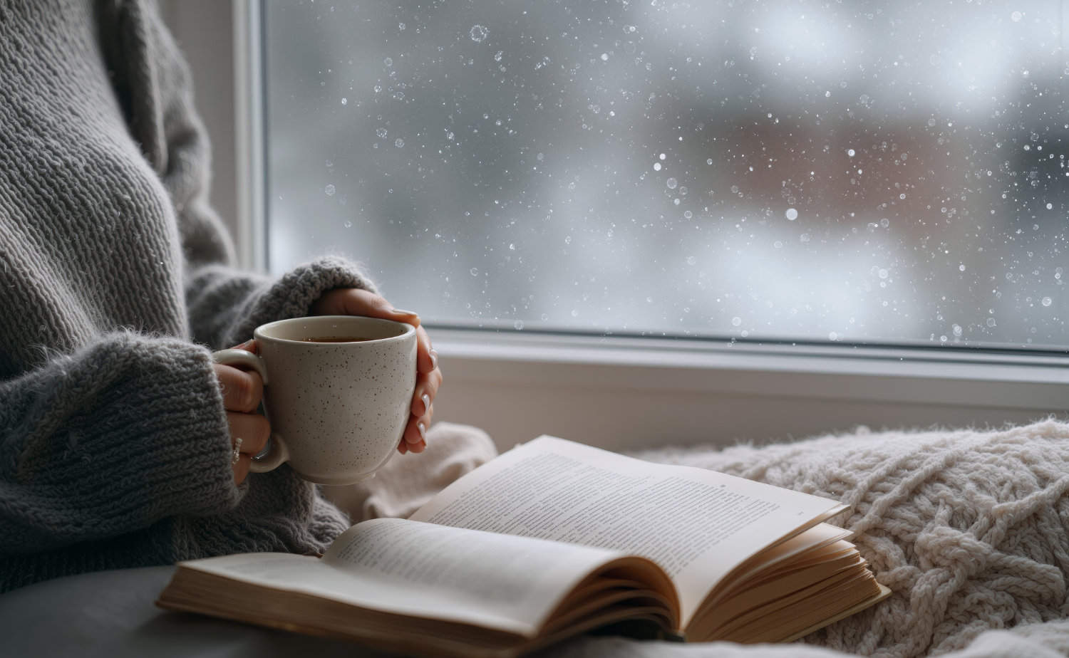 A person wearing a cozy sweater holds a warm mug while reading by a snowy window.