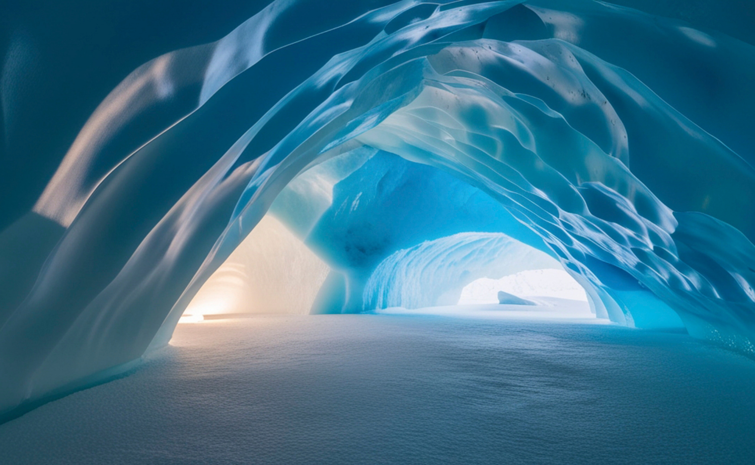Blue ice cave in Antarctica with light shining through its sculpted ice formations