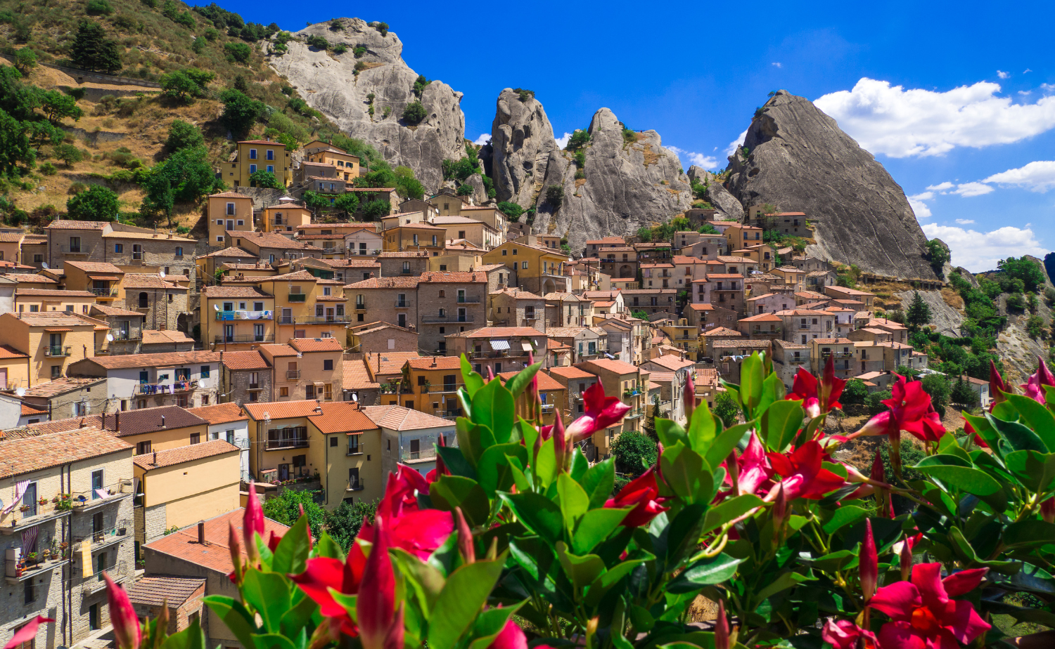 The dramatic mountain village of Castelmezzano nestled among the Lucanian Dolomites in southern Italy.