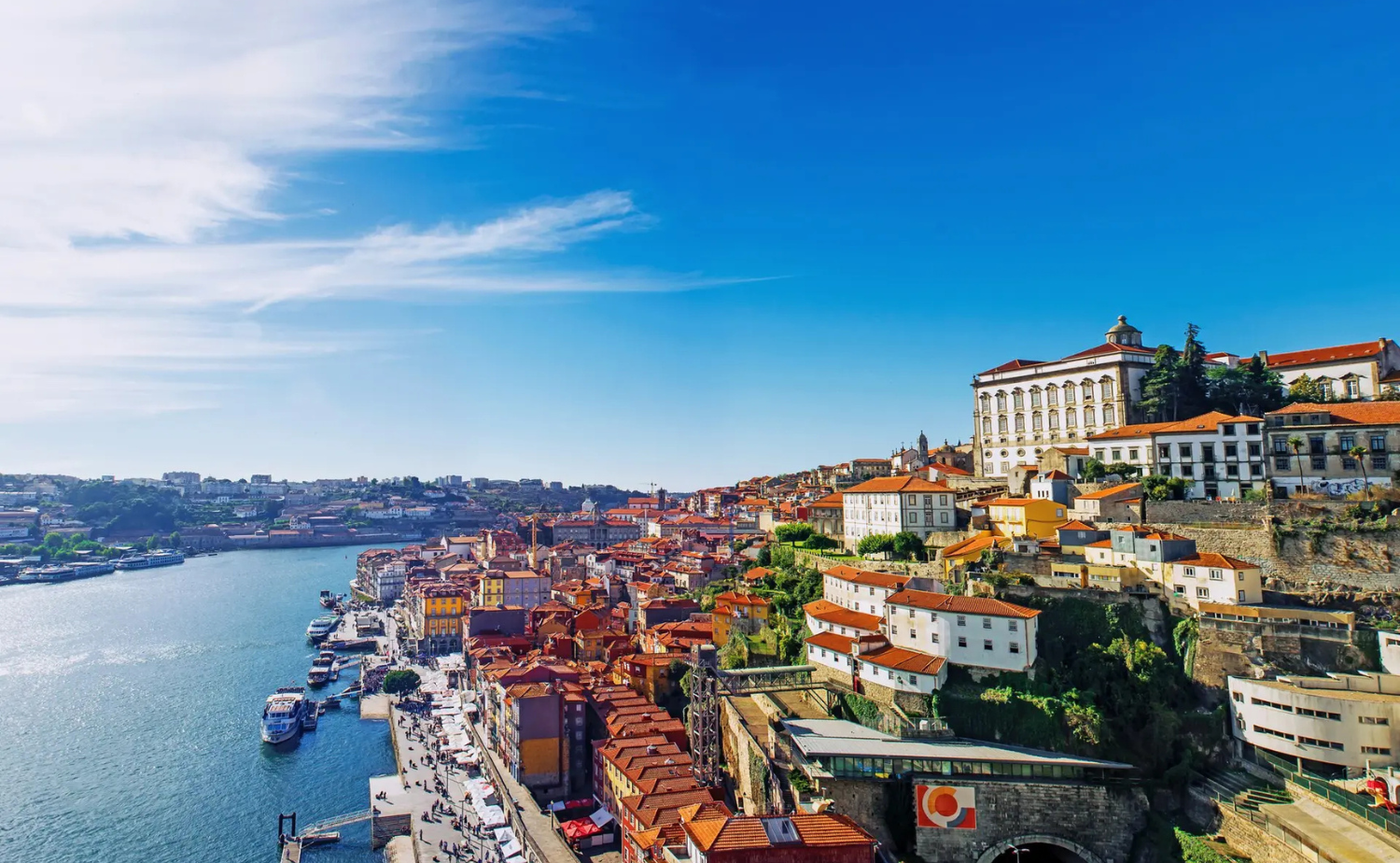 Historic Porto skyline overlooking the Douro River with colorful buildings and terracotta rooftops