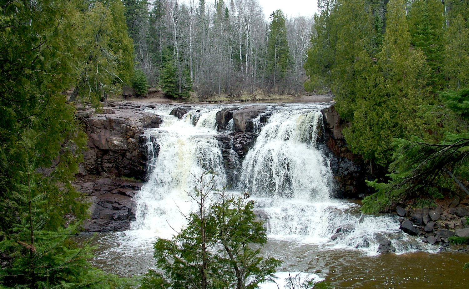 Cascading waterfalls surrounded by lush green and bare trees at Gooseberry Falls State Park.