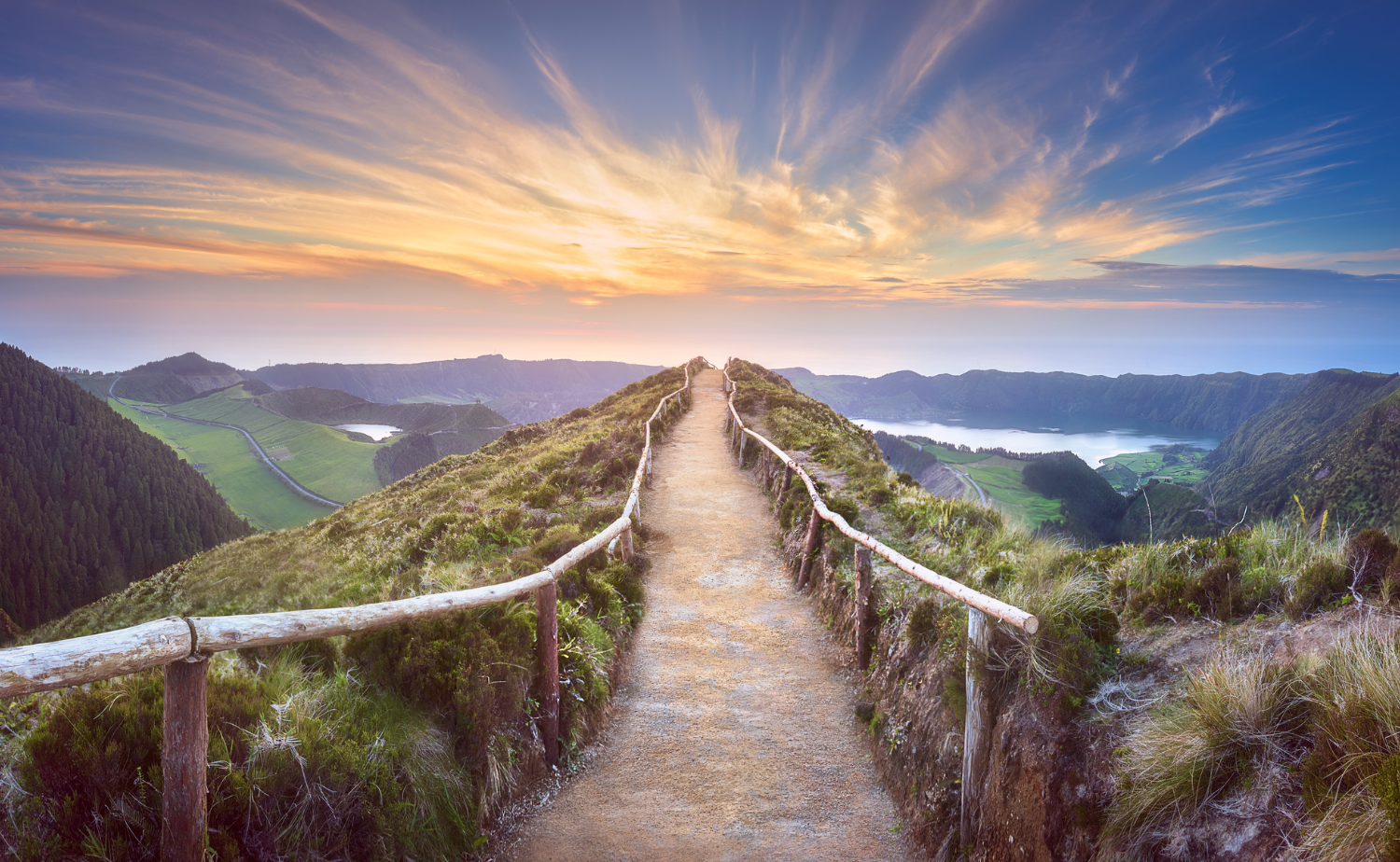 Scenic hiking trail overlooking the volcanic crater lakes of Sete Cidades on São Miguel Island in the Azores, Portugal.