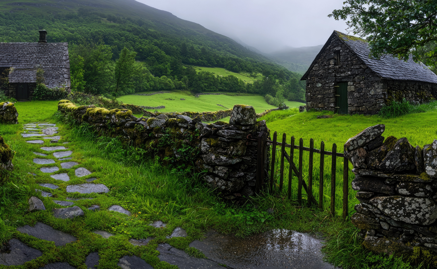 Traditional stone cottages set in lush green Irish countryside