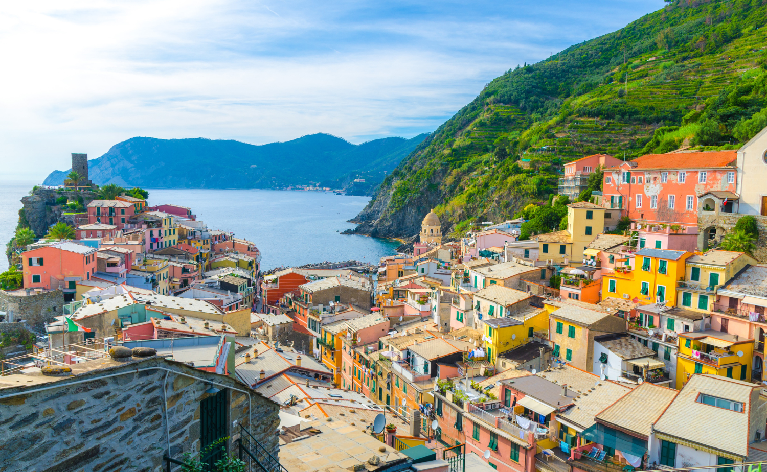 Panoramic view of the colorful harbor village of Vernazza in Italy's Cinque Terre, one of the country's most picturesque hidden coastal destinations.