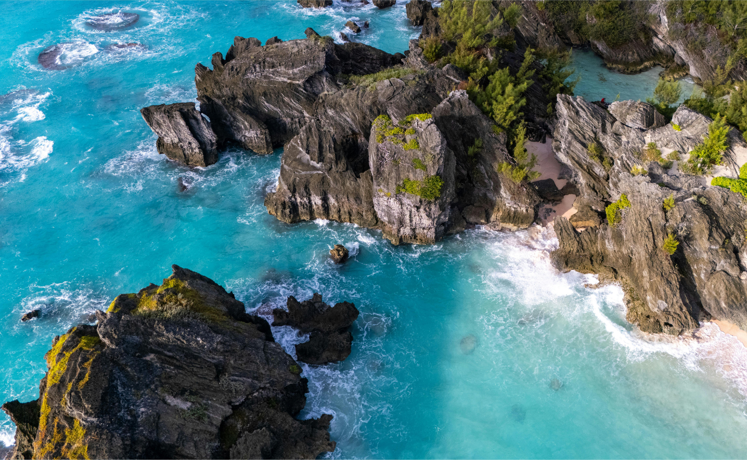 Aerial view of a rocky Caribbean coastline surrounded by vivid turquoise water and lush greenery.