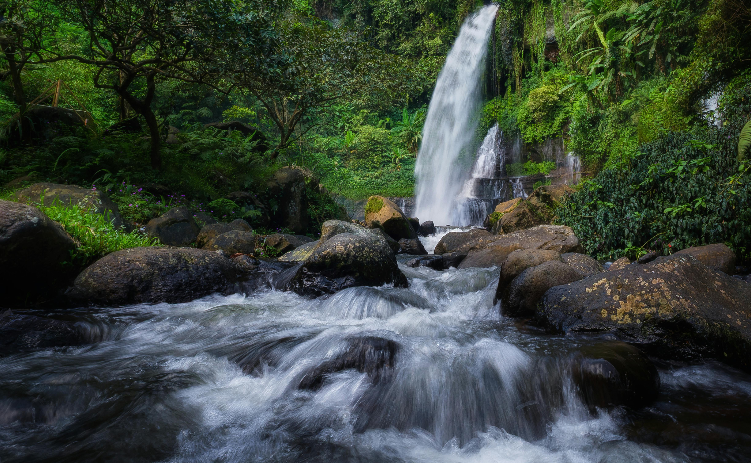 A tropical waterfall cascading over rocks surrounded by dense green jungle.