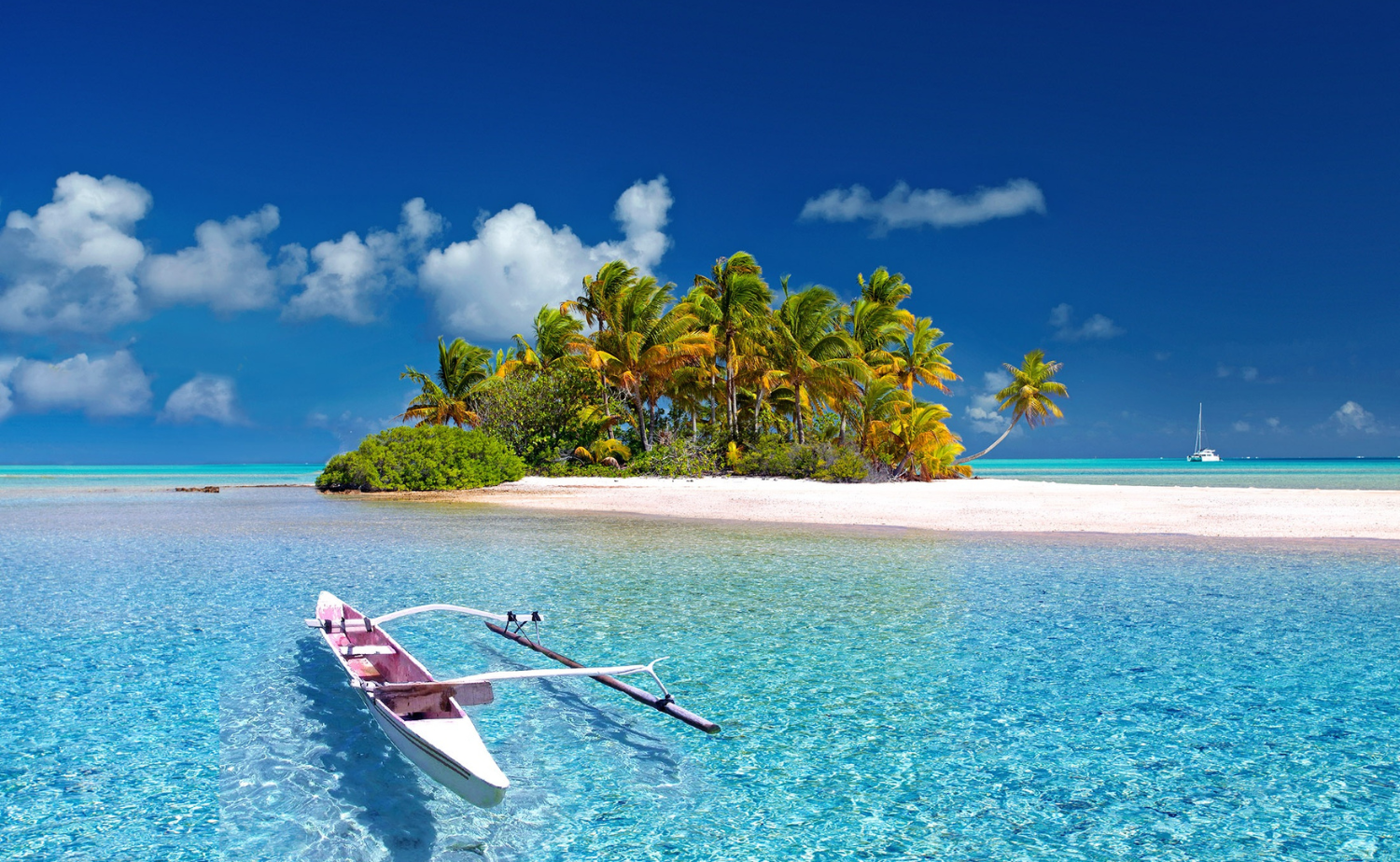 Traditional outrigger canoe in clear blue water beside a small palm-covered island in French Polynesia.