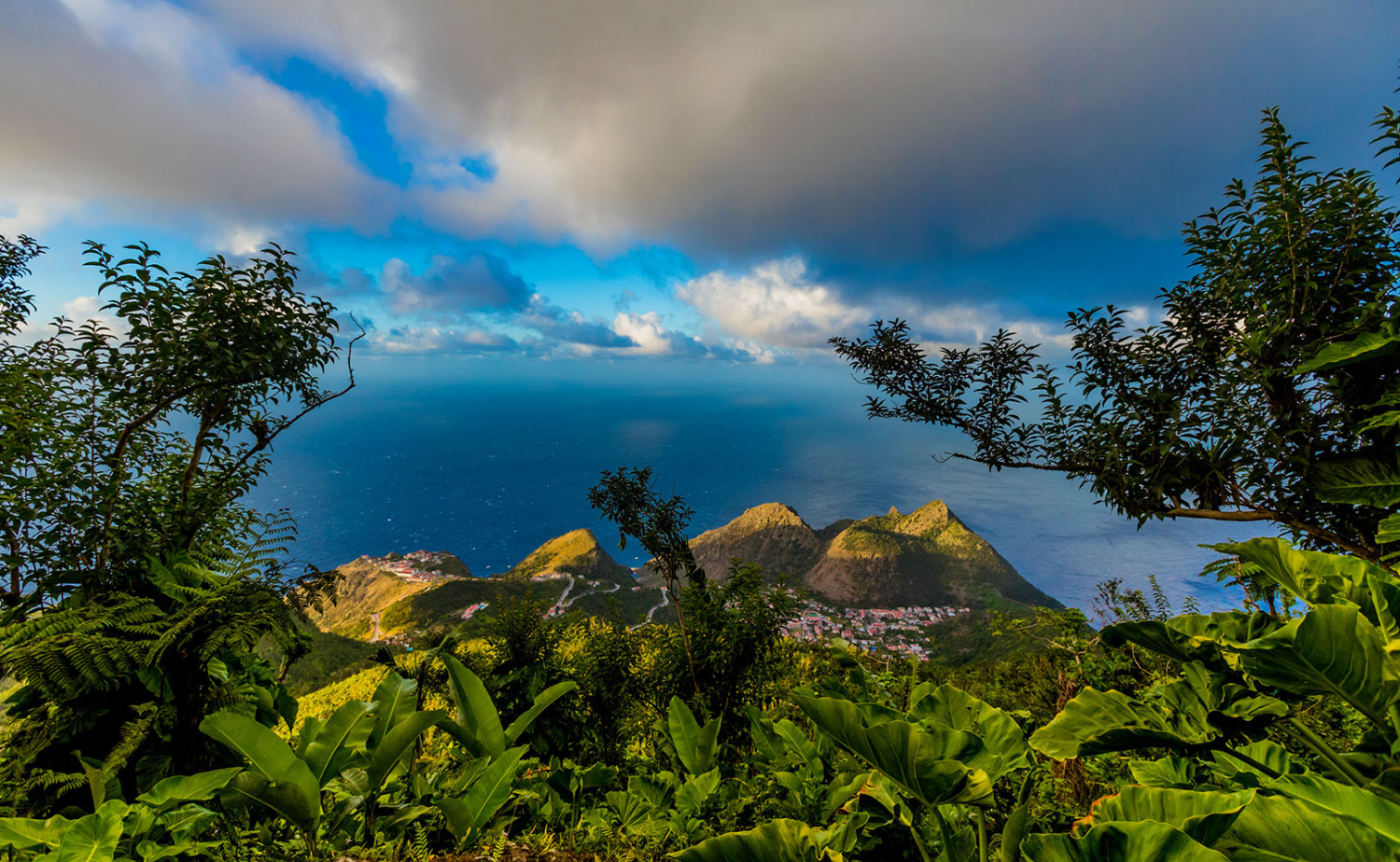 Mountainous landscape and ocean views on the island of Saba in the Dutch Caribbean.