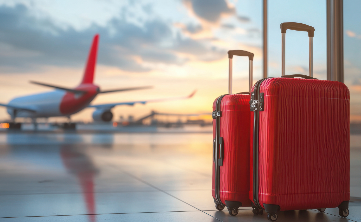 Two bright red suitcases standing in an airport terminal with a plane preparing for departure in the background