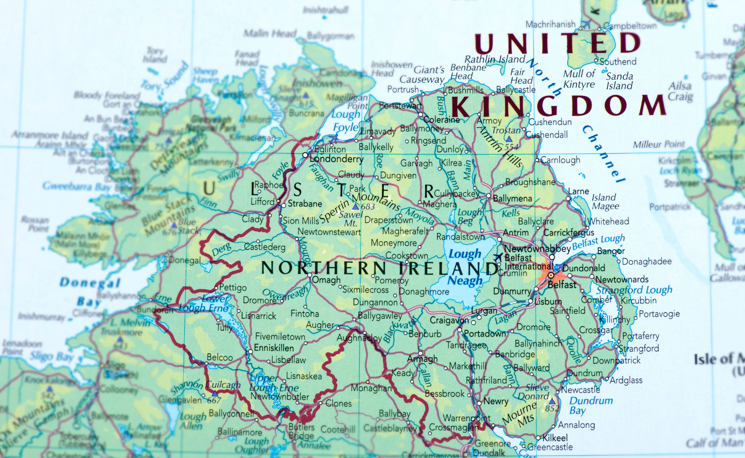 A detailed map showing Northern Ireland as part of the United Kingdom with surrounding regions labeled.