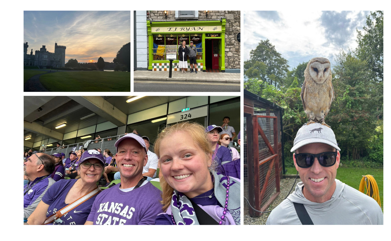 A collage of UK travel memories, including castle views at sunset, a local pub visit, an owl encounter, and a family cheering at a football match.