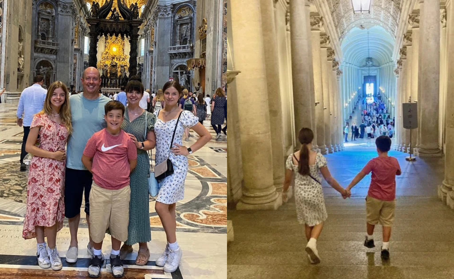 Two children holding hands while walking through a long, column-lined hallway inside Vatican City.