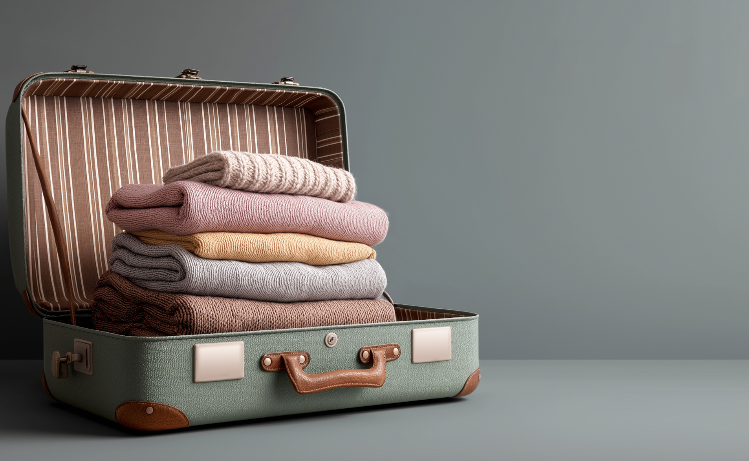 A neatly packed suitcase filled with folded winter sweaters in soft neutral tones
