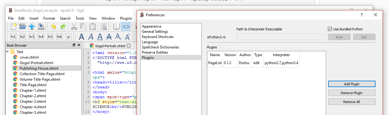A cropped screenshot of Sigil's windows, showing the path Preferences > Plugins > Add Plugin with the PageList plugin uploaded.