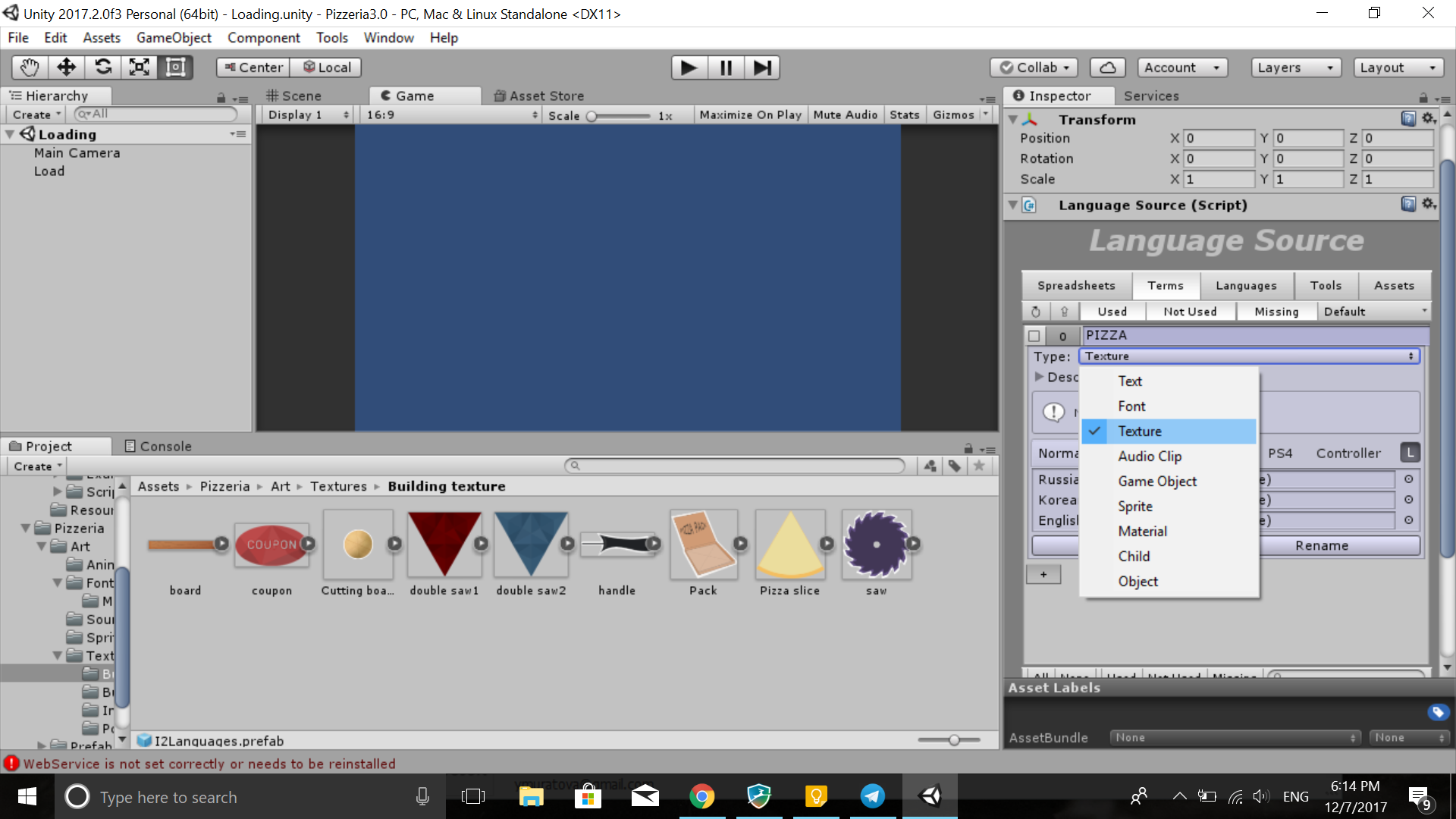 A screenshot of a Unity window with the game Pizzeria3.0 open on it. The I2 Localization asset's sidebar is visible.