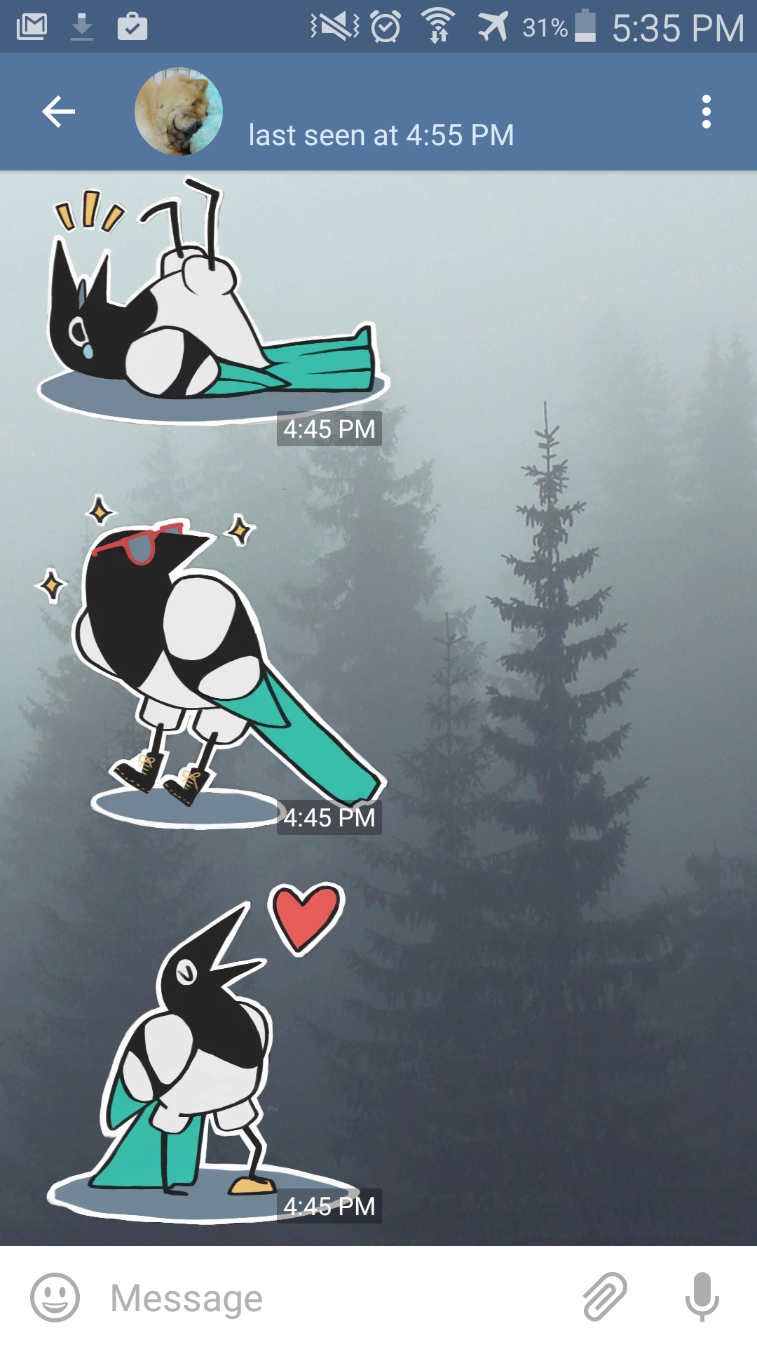 The Mister Magpie sticker set as it looks when used in a chat.