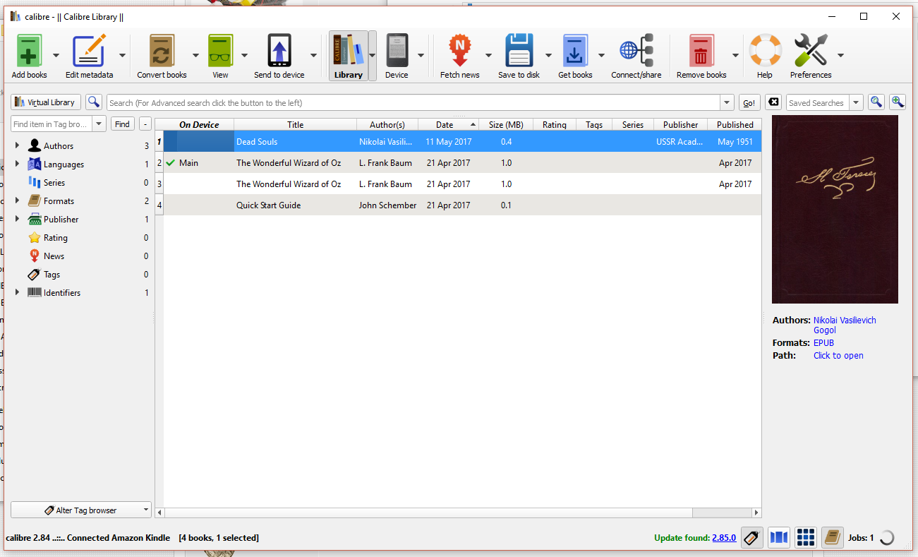 A screenshot of Calibre's Library screen, with the newly minted ebook uploaded.