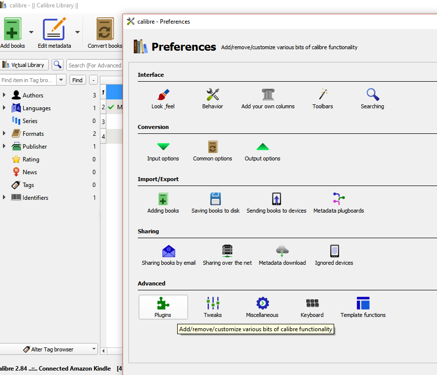 A cropped screenshot of the path Calibre > Preferences > Advanced > Plugins