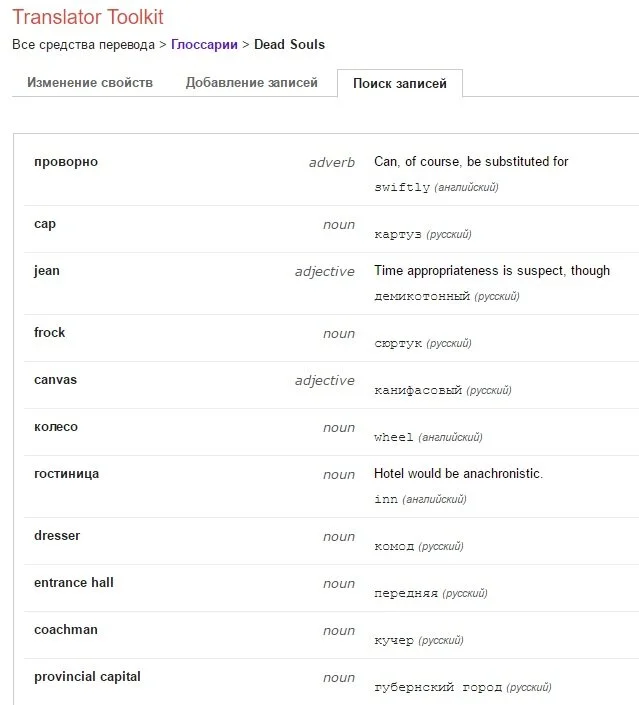 A cropped screenshot of an imported bilingual glossary in Google's Translator's Toolkit.