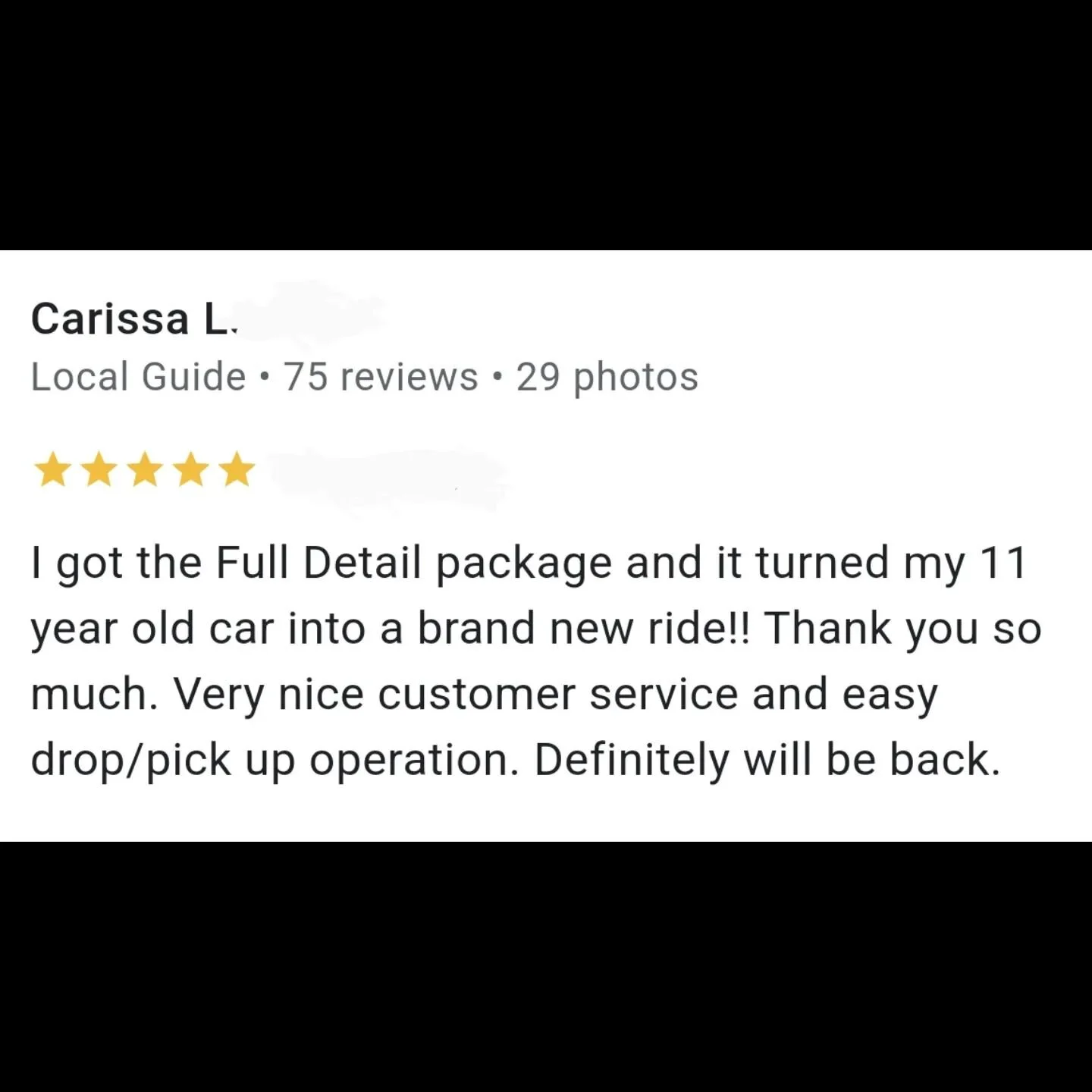 Thank you for the wonderful review Carissa, we look forward to seeing you again at your next appointment! #GoogleReviews #AutoDetailing #ArlingtonVA #WashingtonDC #AlexandriaVA