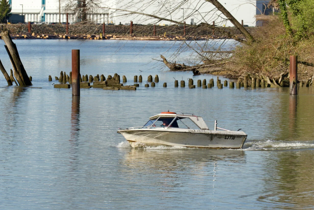 Beachcomber LS718 cruises by shipyard ruins on Poplar Island in Fraser River, March 29, 2021Click image for lightbox.